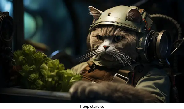 A cat wearing a military helmet and vest sits in a vehicle.