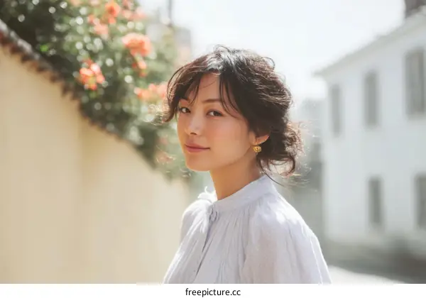 Asian Woman Outdoors in Light Clothing