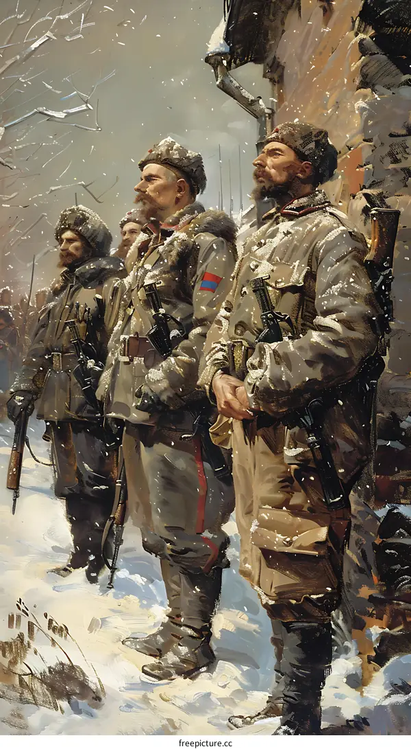 Four soldiers in winter gear standing in the snow