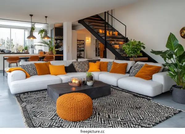 Modern Living Room Interior Design with Orange Accents
