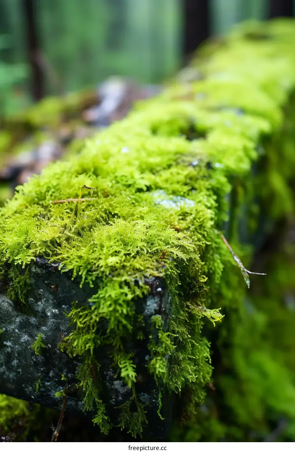 Close-up of moss growing on a stone wall in a forest