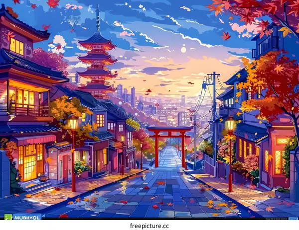A beautiful illustration of a Japanese street with a pagoda and a torii gate.