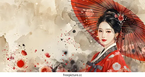 A beautiful Korean lady with a red umbrella