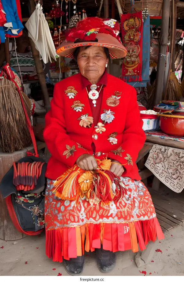 Portrait of an Asian Woman in Traditional Red Clothing