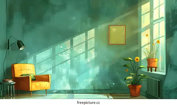 Green Room with Yellow Chair, Plants, and Sunbeams