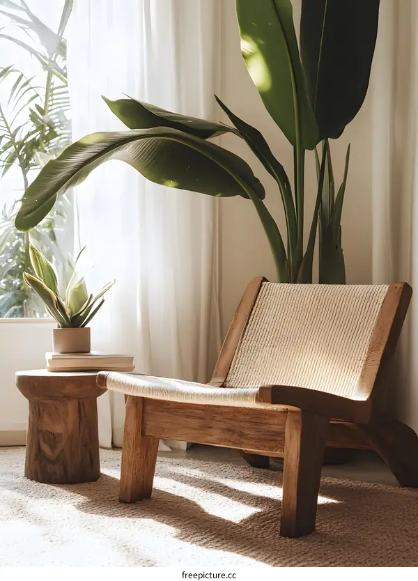 Wooden Chair with Natural Light and Plants in a Minimalist Living Room