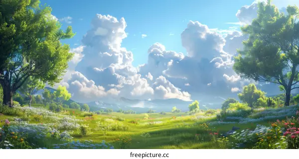 Rolling Green Hills and Wildflowers Under Blue Sky