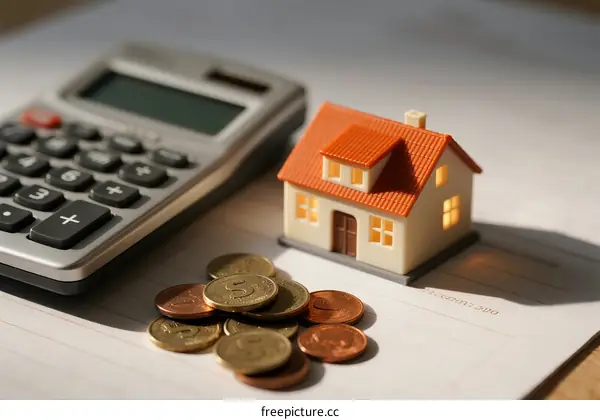 Calculator, Coins and Small House Model on Paper