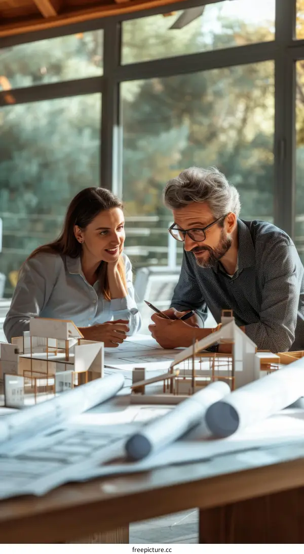 Two architects discussing over architectural models