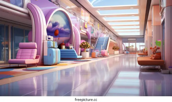 A futuristic airport terminal with a pink and blue color scheme