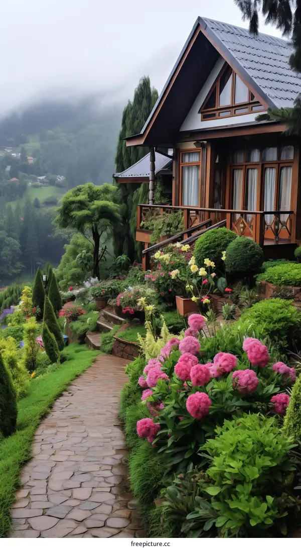 A beautiful house in the mountains with a garden full of flowers