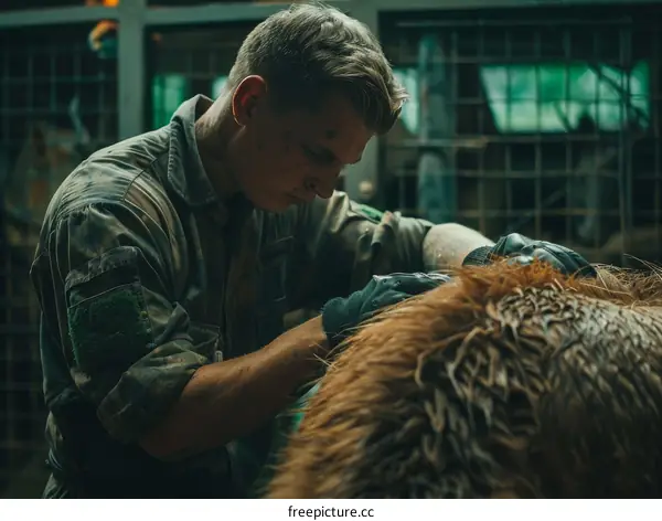 Caucasian male veterinarian examining a large brown bear