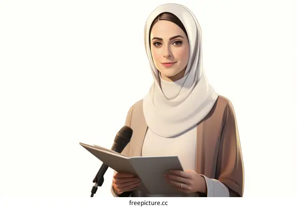 A young woman wearing a brown hijab is speaking into a microphone