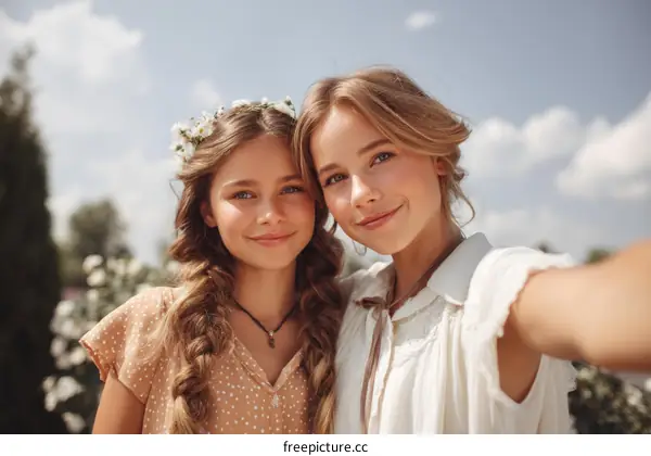 Two Caucasian Teen Girls Taking Selfie Outdoors
