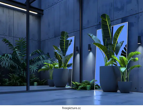 Minimalist Concrete Patio with Tropical Plants and Mirrors