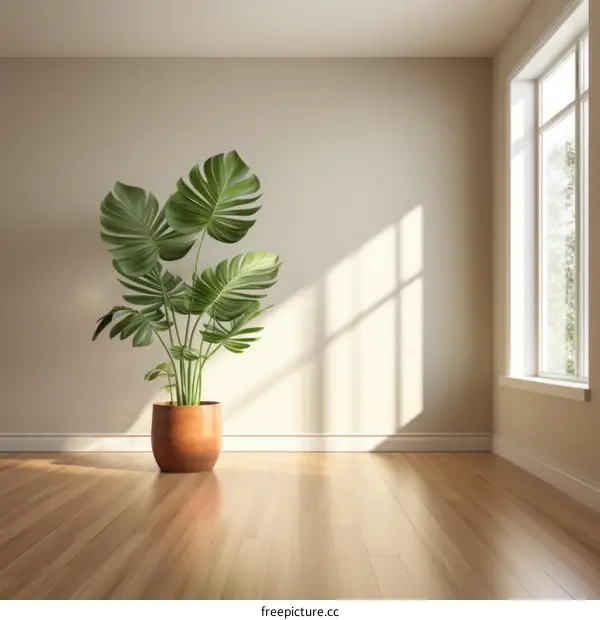 Indoor potted monstera deliciosa plant in a bright room