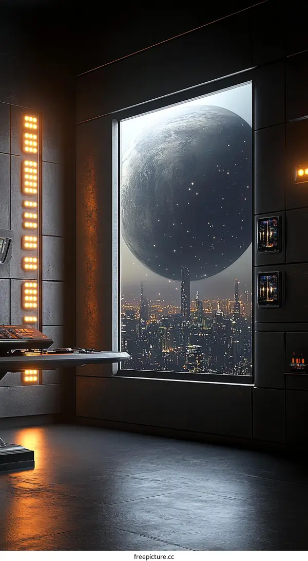 Futuristic Interior with Cityscape View and Giant Planet