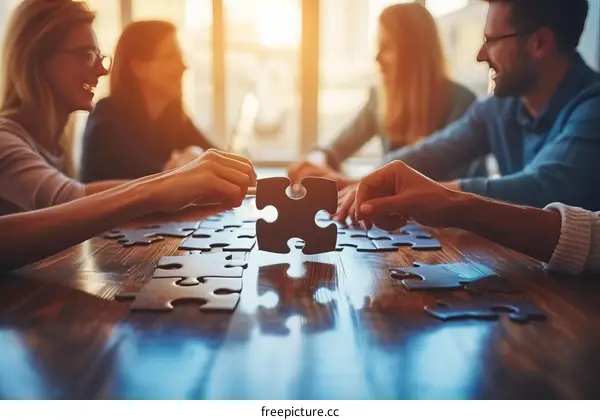 Diverse group of business people putting puzzle pieces together