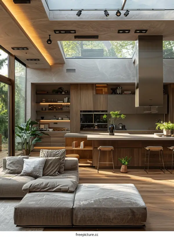 An open plan living space with a kitchen, dining area and living room