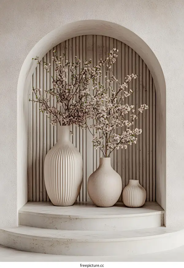 White Vases with Pink Flowers in Minimalist Archway