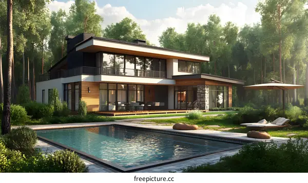 Modern House with Swimming Pool in Forest