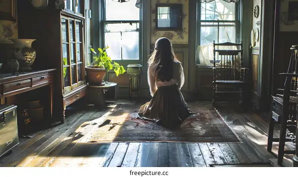 girl sitting on the floor in an old room