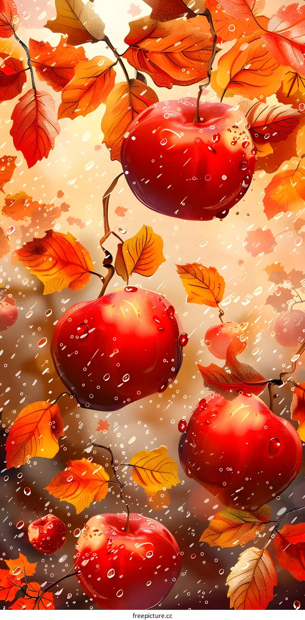 Autumn Red Apples Falling from Branch in Rain