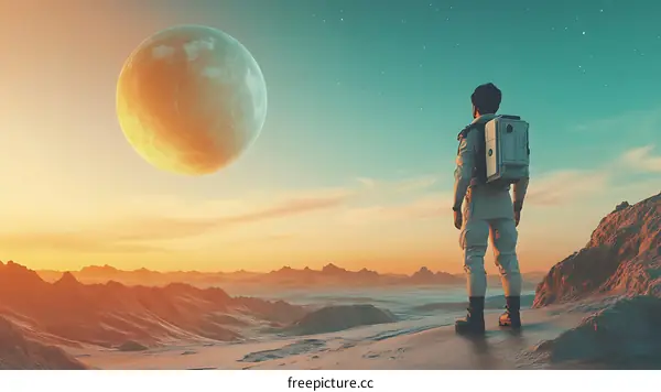 Astronaut Standing on a Desert Planet with a Large Moon in the Sky