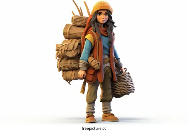 A young girl carrying a large backpack and a basket