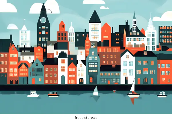 Colorful Cityscape Illustration with Boats on the River