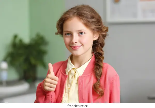 Smiling Girl Giving Thumbs Up in Medical Setting