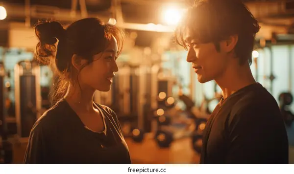 A young man and woman are standing in a gym looking at each other