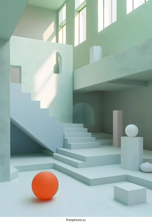 Abstract Minimalist Interior Design with Stairs and Geometric Shapes in Pastel Colors