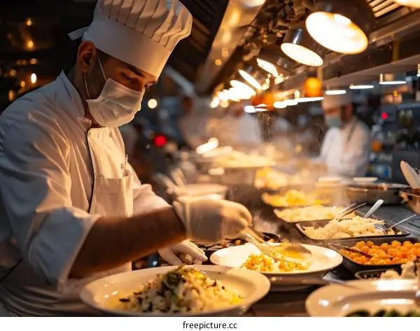 A chef wearing a mask and gloves is plating food in a commercial kitchen.