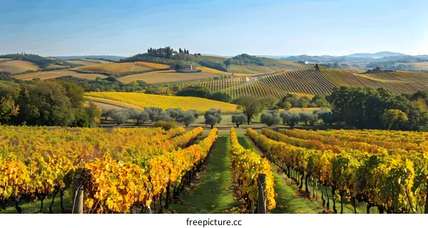 Autumn Vineyard Landscape with Rolling Hills and Rows of Vines