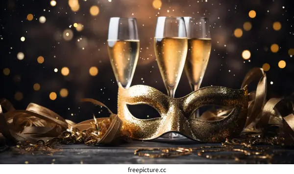 new year celebration with champagne flutes and gold mask