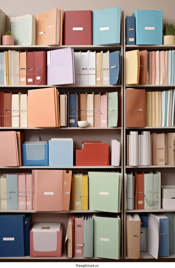 A wall of colorful files and folders in an office.