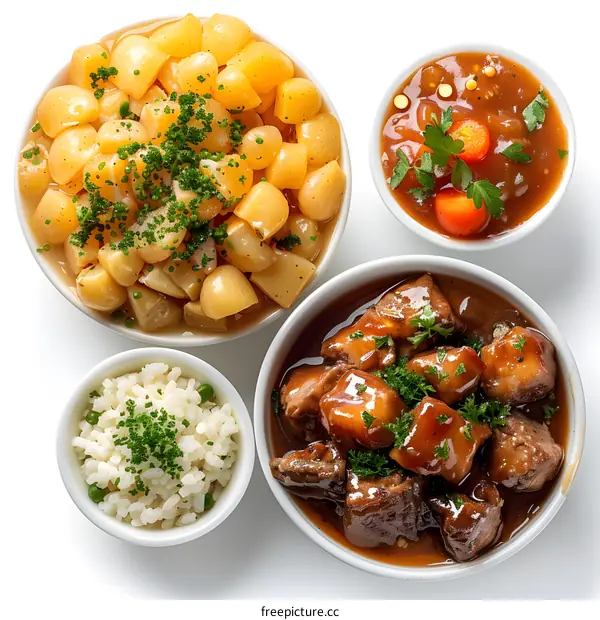 A hearty meal of beef stew, potatoes, and rice.