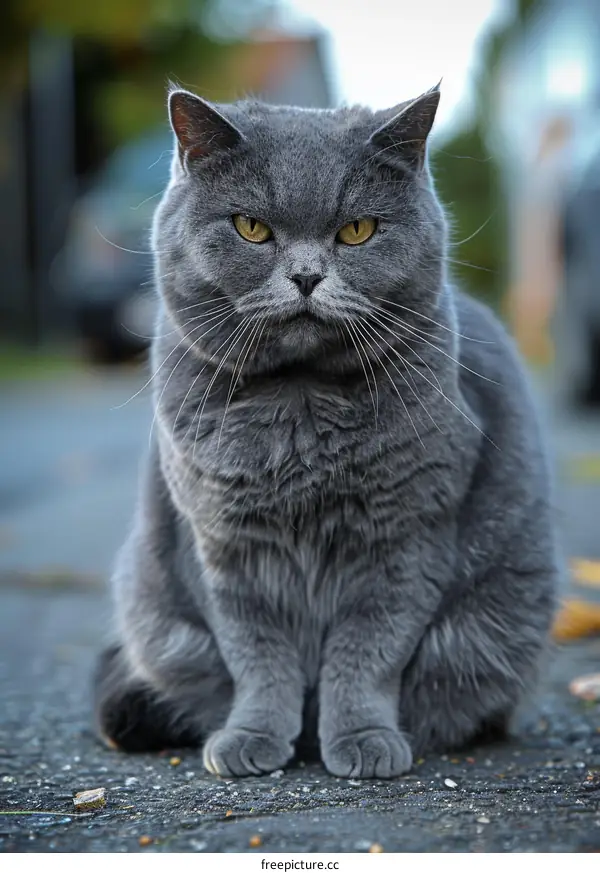 Close Up Of A Grey Cat Sitting On The Ground