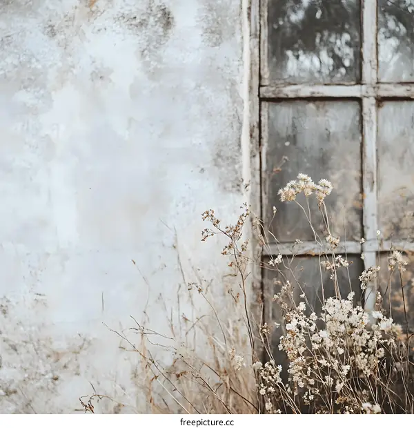 Old Window with Dried Flowers and a Weathered Wall