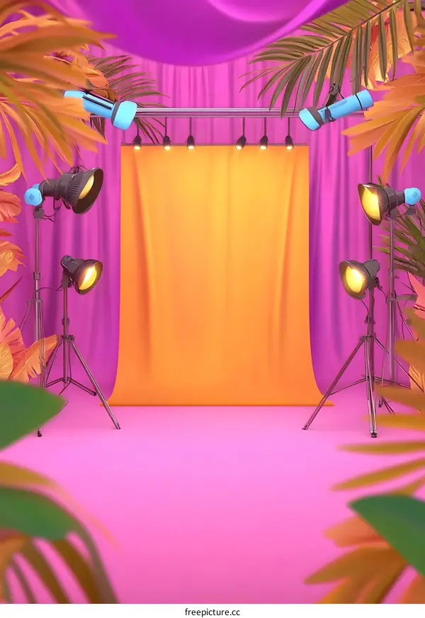 Orange and Pink Studio Backdrop with Tropical Leaves