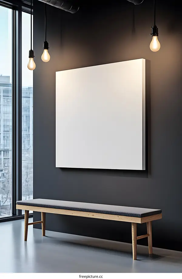 Modern Minimalist Interior Design With Blank Canvas Artwork and Wooden Bench