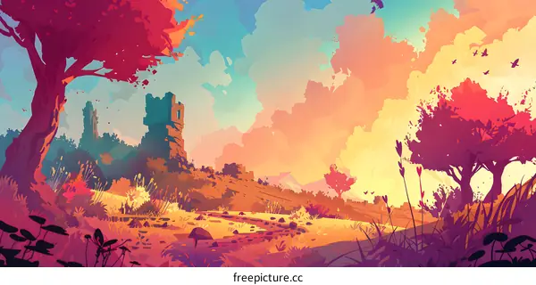 Colorful Fantasy Landscape Illustration with a Ruined Tower