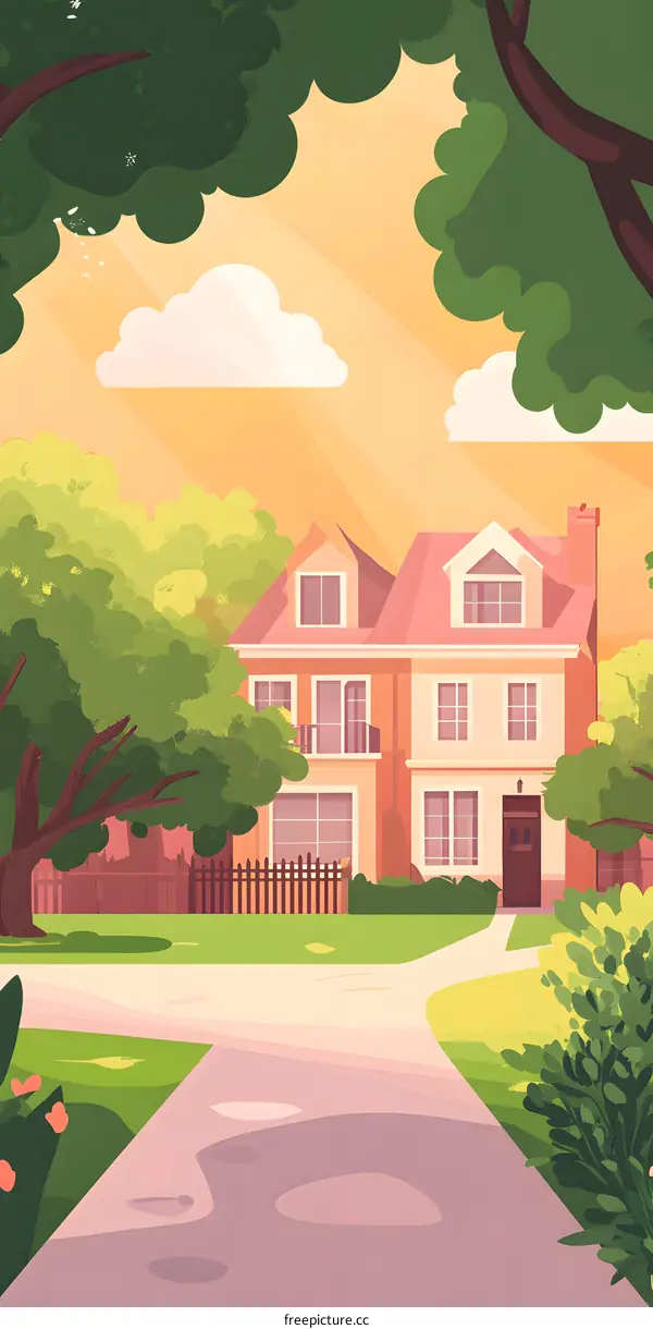 Cartoon Illustration of a House with Trees