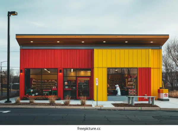 Red and Yellow Pet Store with Large Windows