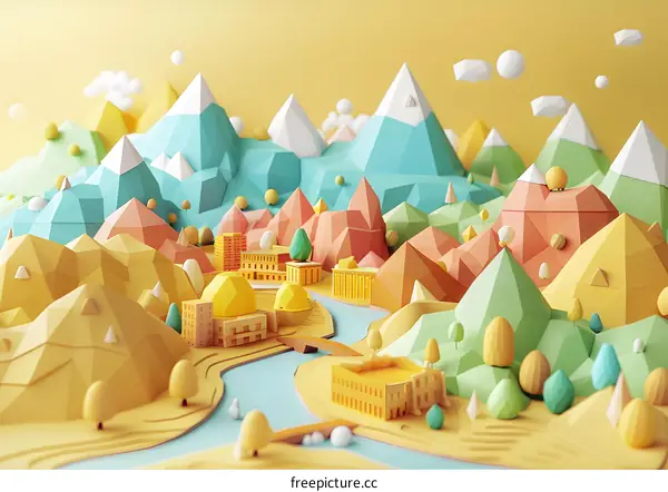 Colorful Papercraft Landscape with Mountains, Trees and Buildings