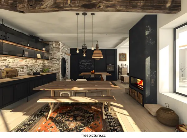 Rustic Farmhouse Kitchen With Exposed Ceiling Beams