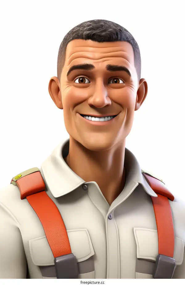 A 3D illustration of a man in a white shirt and orange vest