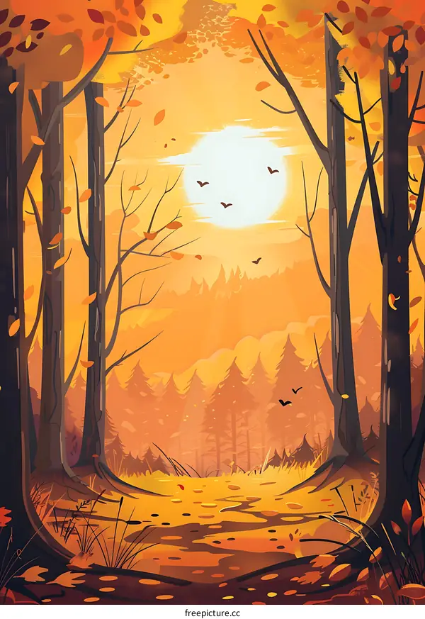 Autumn Forest with Sunset and Birds