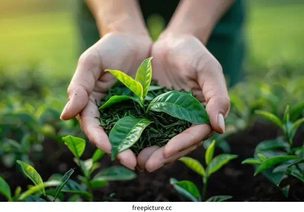 A farmer is holding a handful of tea leaves in their hands